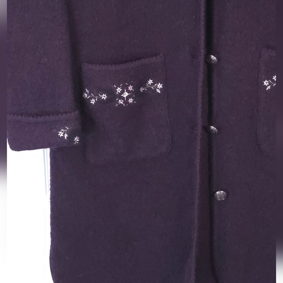 Lindor 100% Wool Long Cardigan Coat Purple Embroidered Size L Jacket Boiled Wool - Picture 3 of 11
